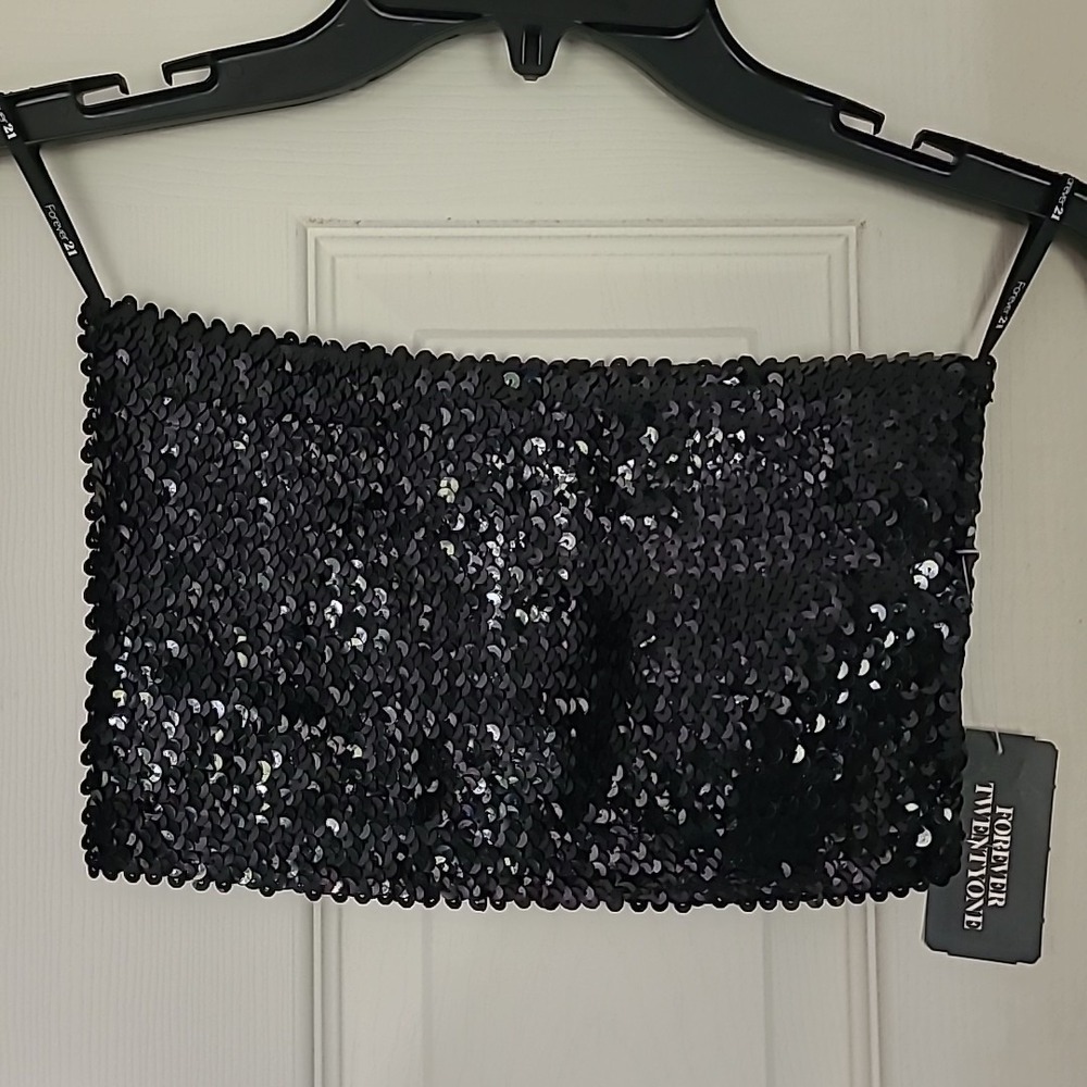 Forever 21 Sz M black sequin strapless bandeau crop Tube top party clubwear NWT